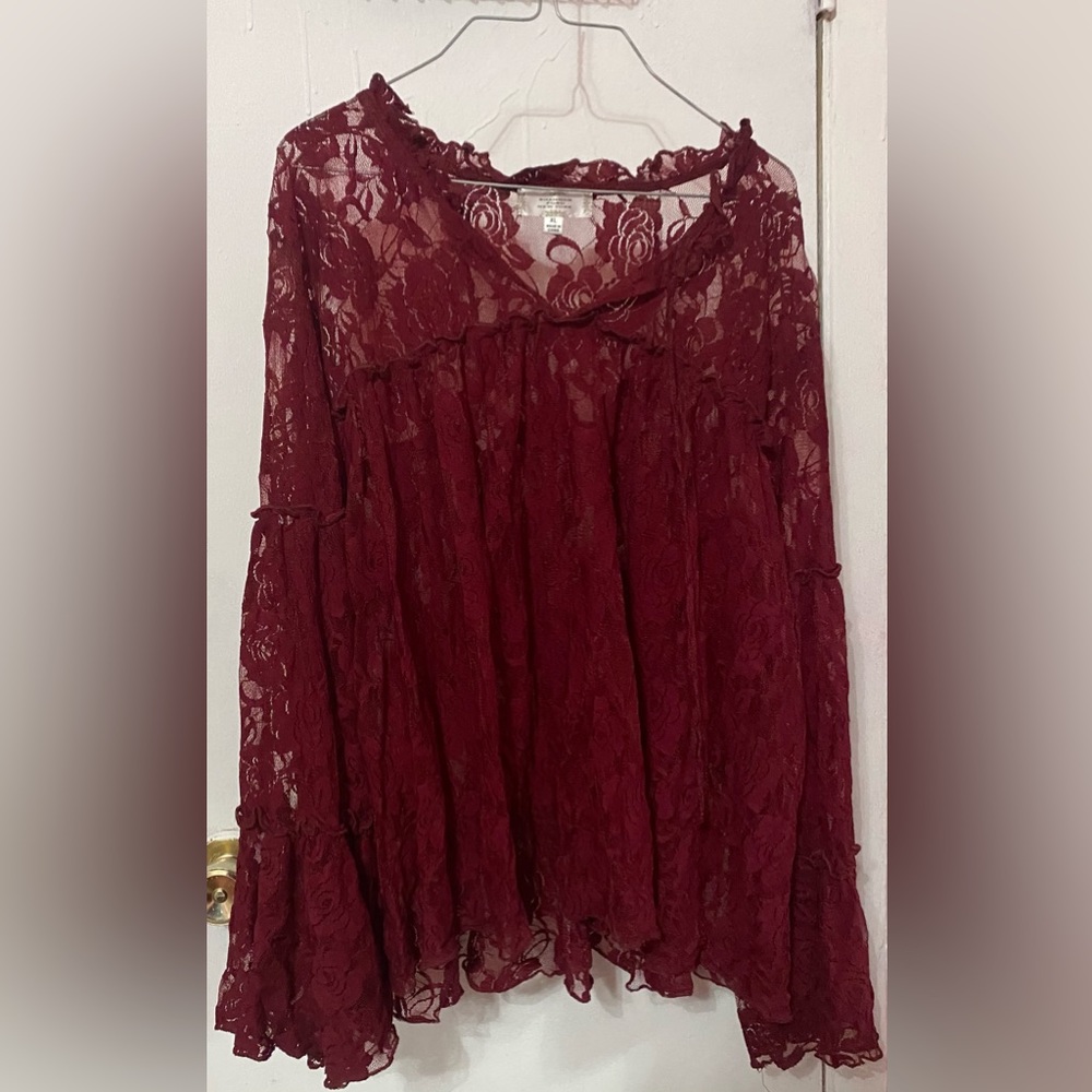 Maroon floral lace sheer blouse top
